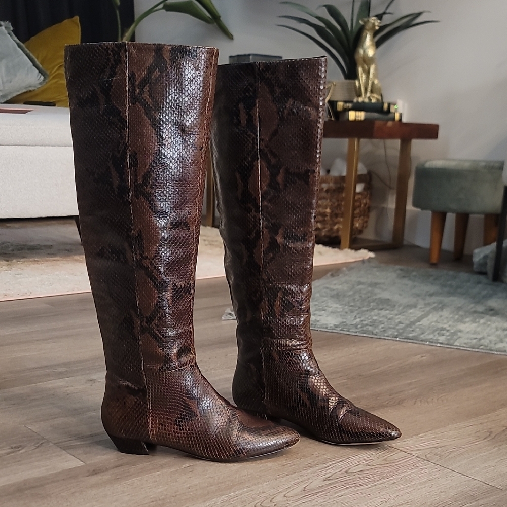 Brown Leather Snakeskin Embossed Knee-High Boots